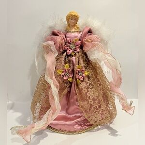 Vintage Angel Tree Topper Porcelain Pink Fairy Real Feathers Christmas Cottage